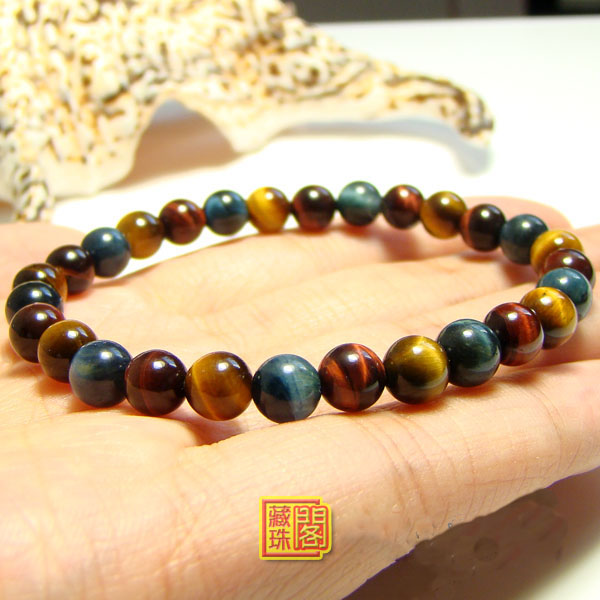 Genuine 6mm Natural Colored Red Yellow And Blue Tiger Eye Bracelet